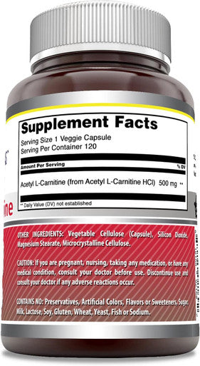 Amazing Nutrition Formulas Acetyl L-Carnitine Hcl Supplement | 500 Mg Per Serving | 120 Veggie Capsules Supplement | Non-GMO | Gluten | Made in USA
