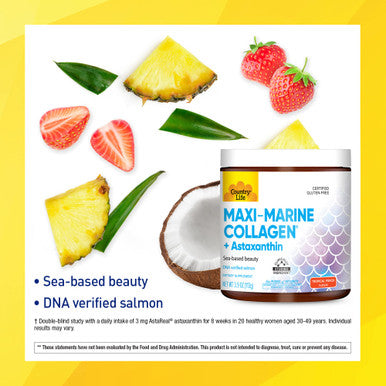 Country Life Maxi-Marine Collagen + Astaxanthin Sea-Based Beauty Tropical Punch Flavor 3.9 Fl Oz Powder Certified Gluten Free