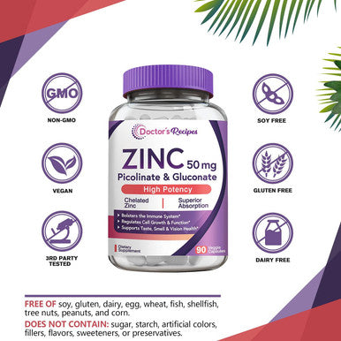 Doctor S Recipes Zinc Capsules 50 Mg From Highly Absorbable Zinc Picolinate & Gluconate, Supports Natural Immune Defense, Dna & Protein Formation, Cell Growth, Non-Gmo No Dairy 90 Veggie Caps