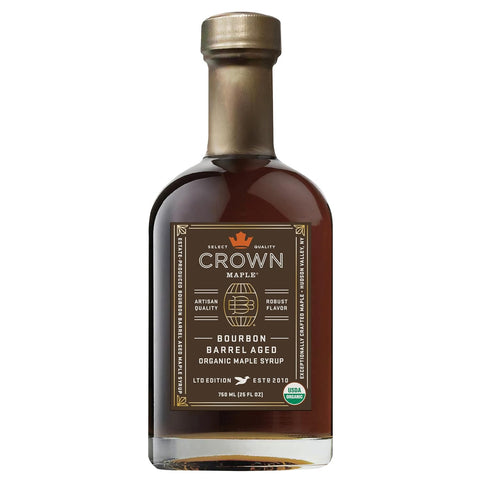 Crown Maple Certified Organic Bourbon Barrel Aged Maple Syrup, Pure, Gluten Free, No Preservatives, Non-GMO Pairs well with Pancakes, Coffee, Cocktails & Brunch, 25 Fl Oz (Pack of 1)
