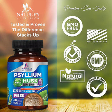 Psyllium Husk Caps 1450mg, Natural Fiber Supplement for Digestive Support - Nature's Non-GMO Psyllium Fiber Capsules Helps Support Digestion & Regularity for Adult Men and Women - 60 Capsules