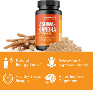 HAVASU NUTRITION Ashwagandha Capsules with Artichoke Extract to Support Stress Response Mood Support 1000 mg