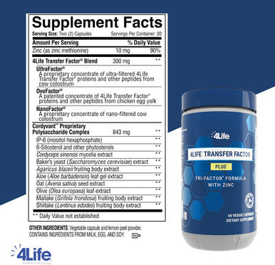 4Life TRANSFER FACTOR PLUS Tri-Factor Formula - Immune System Support with Zinc Super Mushroom Blend (Maitake Shiitake Agaricus) and Extracts of Cow Colostrum and Chicken Egg Yolk - 60 Capsules