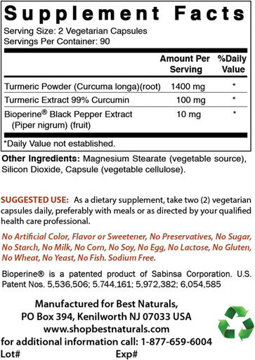 Best Naturals Turmeric Curcumin 1500mg/Serving with Bioperine - 180 Veggie Capsules
