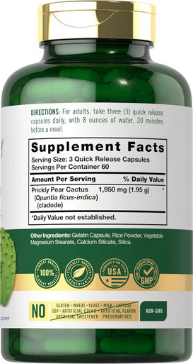 Carlyle Prickly Pear 1950 mg | 180 Capsules | Nopal Cactus Supplement | Non-GMO Gluten