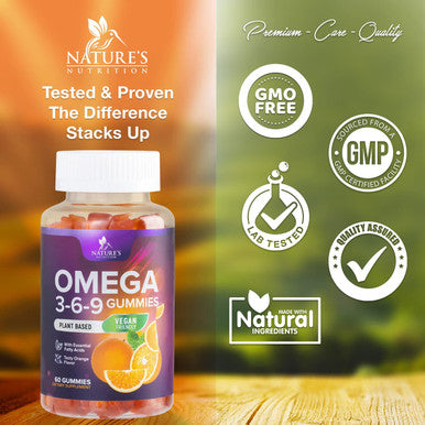 Omega 3 6 9 Gummies Vegan Essential Fatty Acid Supplement - Perilla Oil 369 Gummy - Best Plant-Based Heart Support, Non-GMO - 60 Gummies