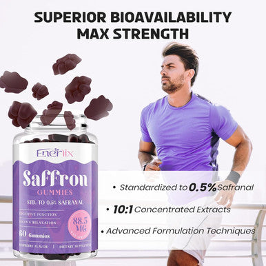 Saffron Gummies 88.5 Mg With Magnesium, Max Strength Saffron Supplements With St. John'S Wort, Gaba, Rhodiola, Rosemary & Passion Flower Extracts For Mood, Focus - 60 Servings