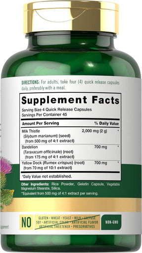 Carlyle Milk Thistle 2000Mg 180 Capsules With Dandelion & Yellow Dock Non-Gmo, Gluten Free