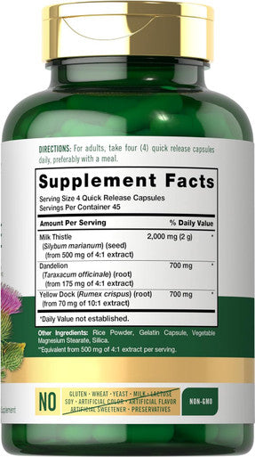 Carlyle Milk Thistle 2000mg | 180 Capsules | with Dandelion & Yellow Dock | Non-GMO Gluten