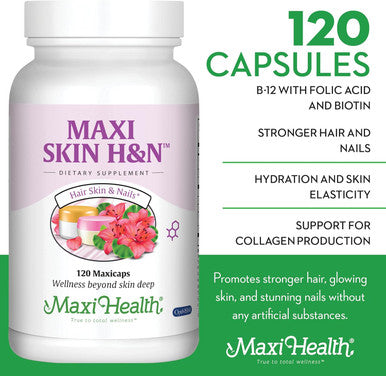 Maxi Health Hair Skin and Nails Vitamins for Women and Men with Hyaluronic Acid Biotin Vitamin A Probiotics - Hair Vitamins for Hair Loss - Hair Growth Vitamins Supplement to Support Body Collagen 60 Capsules