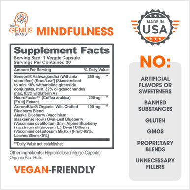Genius Mindfulness Supplement, Nootropic Cognitive Brain Booster Enhances Memory, Focus & Energy - Calming Supplement with Ashwagan, NeuroFactor, & Blueberry Extract - 30 Veggie Capsules