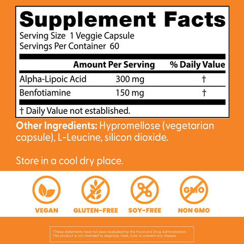 Doctor'S Best Benfotiamine Alpha Lipoic Acid (Ala) Nutritional Supplement - Support For Glycemic Balance & Metabolic Response Benfotiamine 150 Mg & Alpha-Lipoic Acid 300 Mg Capsules 60 Veg Caps