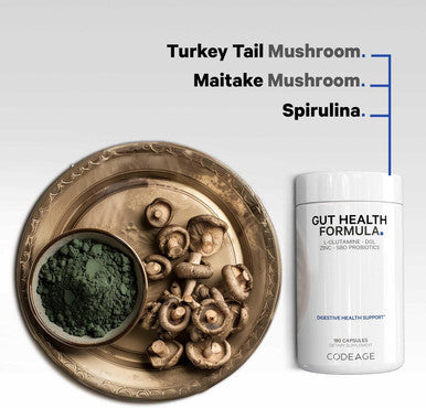 Codeage Gut Health Supplements Vegan Formula - L Glutamine Zinc Turkey Tail Mushroom Powder Tonic Mushroom Maitake Micro Algae Mineral Licorice Root DGL - Probiotics Prebiotics - 180 Capsules