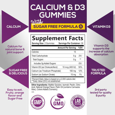 Nature'S Nutrition Sugar Calcium Gummy Bites Plus 400 IU Vitamin D3 Bone Health & Immune Support Supports Bone Strength - Chewable Calcium Nutrition Supplement Non-GMO Orange Flavor Chews - 60 Gummies
