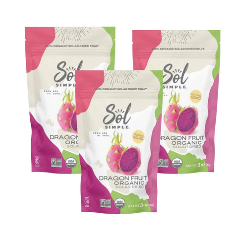 SOL SIMPLE Organic Dried Dragon Fruit | 3oz Snack Pack (3 Bags Total) | One Ingredient | Vegan | Non-GMO | No Added Sugar | Dried Fruit No Sugar Added