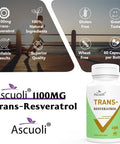 99% Ultra Purity Ascuoli Trans-Resveratrol 1100Mg, 3-In-1 Advanced Formula Organic Resveratrol Supplement, Max Antioxidant Anti-Aging, Skin Health, Cell Repair Boost Nad+, Immune & Energy, 60 Capsules