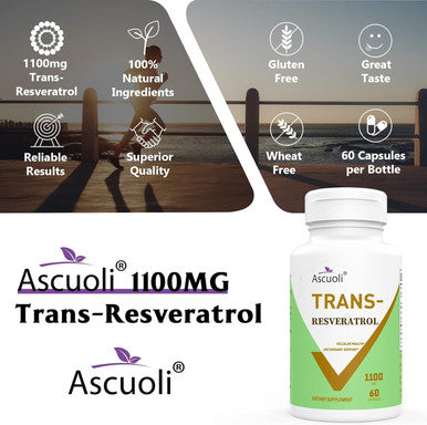 99% Ultra Purity Ascuoli Trans-Resveratrol 1100Mg, 3-In-1 Advanced Formula Organic Resveratrol Supplement, Max Antioxidant Anti-Aging, Skin Health, Cell Repair Boost Nad+, Immune & Energy, 60 Capsules
