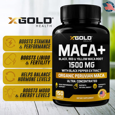 X Gold Health Organic Maca Root Powder Capsules 1500Mg With Black Red & Yellow Peruvian Maca Root Extract Gelatinized, Energy & Mood Supplement For Men & Women + Black Pepper For Best Benefits