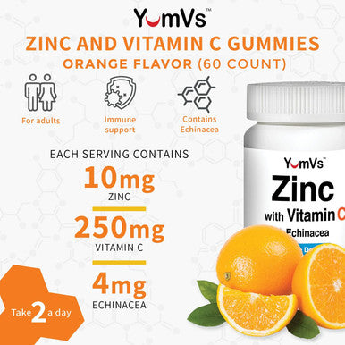 Zinc Vitamin C And Echinacea Gummies For Adults And Kids By Yumvs Chewable Gummy - Vegetarian, Halal, Kosher Orange Flavor - 60 Count
