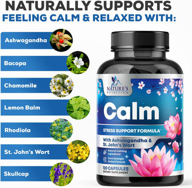 Nature'S Nutrition Natural Unwind Calm & Relax Support with Ashwagandha GABA Magnesium 5-HTP L-Theanine & B Vitamins Natural Focus Energy & Immune Support - Nature's Non-GMO Vegan Gluten - 120 Capsules