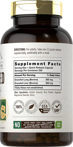 Grass Fed Lung Capsules 300 mg | 250 Pills | with Grass Fed Liver | Non-GMO, Gluten Free Supplement | by Herbage Farmstead