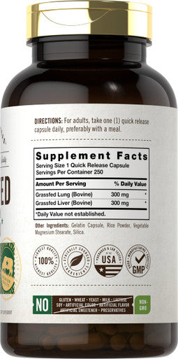 Grass Fed Beef Lung Capsules With Liver | 600Mg | 250 Count | Non-Gmo, Pasture Raised | By Herbage Farmstead
