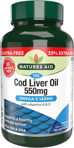 Natures Aid Cod Liver Oil 550 mg 120 Softgel Capsules (Providing 120 mg Omega-3 with Vitamins A and D For The Normal Function of the Immune System Purity Guaranteed Made in the UK)