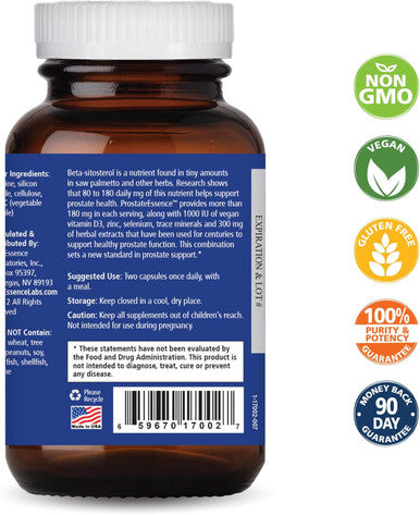 Pure Essence Labs Prostate Essence W/Vitamin D3, Selenium, Zinc Supplements And More - Mens Vitamins And Herbal Supplement For Prostate Health W/Beta Sitosterol - 60 Caps For Men
