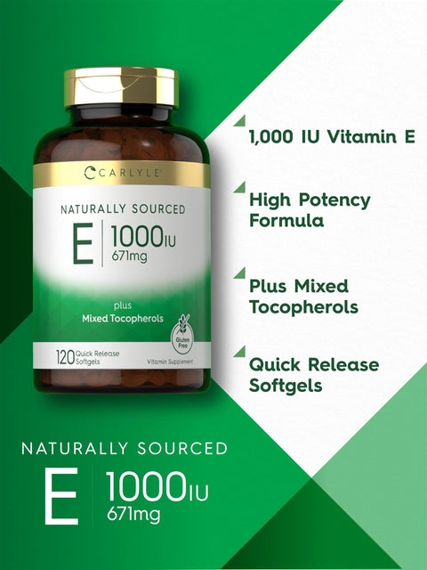 Carlyle Vitamin E 1000 IU Softgels with Mixed Tocopherols 120 Pills Naturally Sourced Supplement NonGMO and Gluten Free Formula