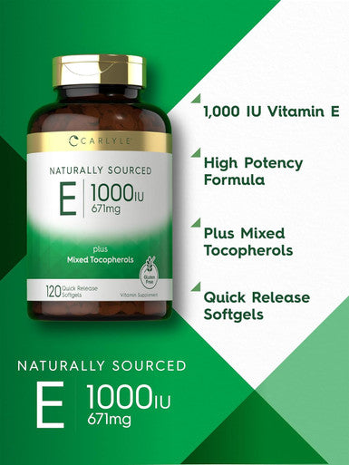 Carlyle Vitamin E Plus Mixed Tocopherols | 1000 IU (671mg) | 120 Softgels | Non-GMO and Gluten Formula | Naturally Sourced Vitamin E Supplement