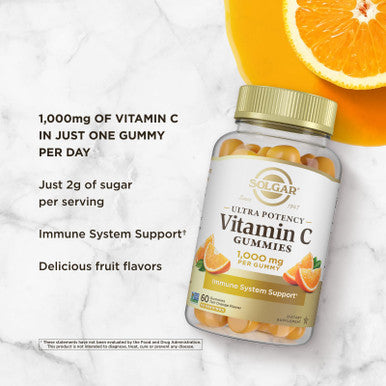 Solgar Vitamin C Gummies For Adults 1 000Mg Ultra Potency Vitamin C Immune System Support For Women & Men - Tasty Tart Orange Flavor Vegan & Gluten Free Gummy 2 Month Supply 60 Servings 2G Sugar