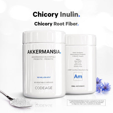 Codeage Akkermansia Muciniphila Probiotic Supplement - 3-Month Supply of Akkermansia Probiotic & Chicory Inulin - Daily Synbiotic Probiotic Chicory Root - 100 Million AFUs - Gluten- - 90 Capsules