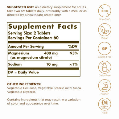 Solgar Magnesium Citrate 120 Tablets - Promotes Healthy Bones - Supports Nerve & Muscle Function - Non Gmo Vegan Gluten Free Dairy Free Kosher - 60 Servings