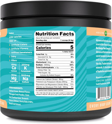 Amazing Nutrition Advanced Hydration Electrolyte Powder 30 Servings | Packed with Essential Minerals | Sugar- | Keto Friendly | Non-GMO | Gluten- (Natural Pina Colada)