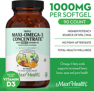 Maxi Health Omega 3 Supplement - Omega-3 Fish Oil Triple Concentrate w/ Vitamin D3 - Potent Source of EPA / DHA Fatty Acids - Heart Brain Joint Health - Kosher Wild Caught Marine Fish - 90 Softgels