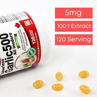 Odorless Garlic Extract 500 mg (50,000 mg Raw Equivalent) 100:1 Concentrate Ratio, 120 Softgels, Maintains Cardiovascular Health, Made in Canada by Nutridom