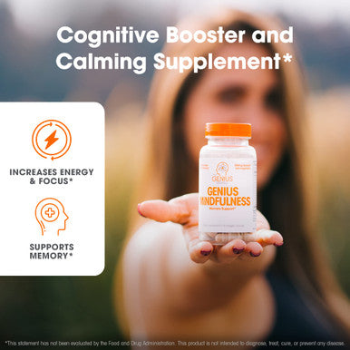 Genius Mindfulness Supplement, Nootropic Cognitive Brain Booster Enhances Memory, Focus & Energy - Calming Supplement with Ashwagan, NeuroFactor, & Blueberry Extract - 30 Veggie Capsules