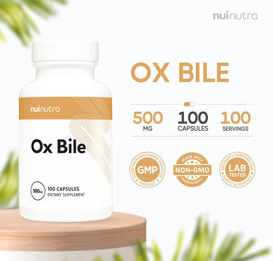 Nui Nutra Ox Bile Supplement 500mg | 100 Capsules | Bile Salts & Digestive Enzymes | Fat Digestion & Liver Support | Promotes Good Metabolism | Supports Gallbladder & Bile Flow