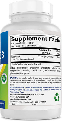 Best Naturals Vitamin D3 2000 IU (50 mcg) - 100 Tablets - 100 Days Supply - Helps Support Immune Health Strong Bones and Teeth & Muscle Function (100 Count (Pack of 1))