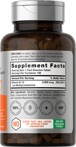 Horbaach B12 Sublingual Methylcobalamin 5000Mcg 120 Fast Dissolve Tablets Vegetarian Non Gmo And Gluten Free Supplement
