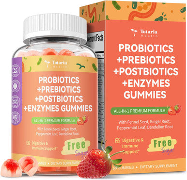 Totaria Sugar Free 5 in 1 Probiotic Prebiotic Postbiotic Gummy 36 Strains Probiotics for Women Men with Digestive Enzymes Peppermint Complete Immune Gut and Digestive Support Vegan