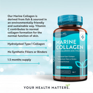 Marine Collagen 1000Mg Enhanced With Hyaluronic Acid 100Mg - 90 Super Strength Capsules - Hydrolysed Collagen Supplements - Vitamin C, Vitamin E, Vitamin B2, Zinc, Copper - Made In The Uk By Nutravita