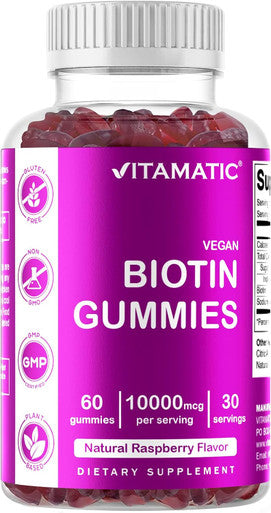 Vitamatic Biotin Gummies 10000 Mcg For Stronger Hair Skin & Nails - 60 Vegan Gummies - Also Called Vitamin B7 (1 Bottle)