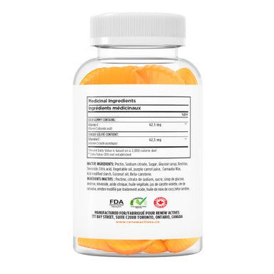 Renew Actives Vitamin C Gummies - Promotes Bone, Cartilage, Teeth, And Gum Health - Enhances Connective Tissue Formation - Source Of Antioxidants - 60 Gummies