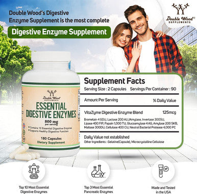 Digestive Enzymes 800mg Blend of All 10 Most Essential Digestive and Pancreatic Enzymes Amylase Lipase Bromelain Lactase Papain Protease Cellulase Maltase Invertase by Double Wood