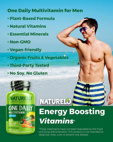 NATURELO One Daily Multivitamin for Men - with Vitamins & Minerals + Organic Whole Foods - Supplement to Boost Energy, General Health - Non-GMO - 180 Capsules