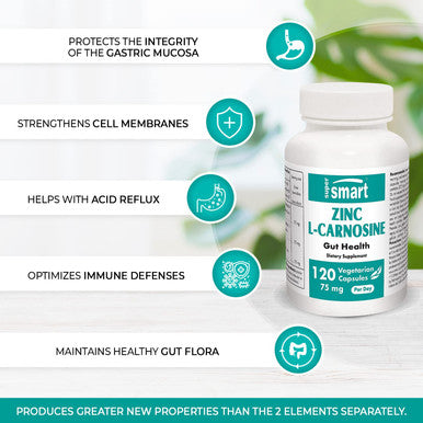 Supersmart Zinc LCarnosine 75 mg Per Day Gut Health Anti Inflammatory Supplement Help Reduce Acid Reflux NonGMO Gluten Free 120 Vegetarian Capsules