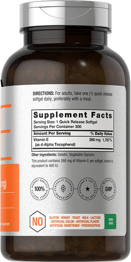 Vitamin E 400 iu Softgels | 268mg | 300 Count | Non-GMO and Gluten Free Naturally-Sourced Formula | D-Alpha Tocopherol | by Horbaach