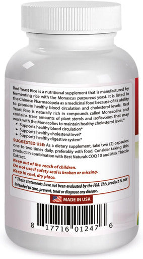Best Naturals Red Yeast Rice 600 Mg Capsules 120 Capsules 2 Capsules Per Serving/1200Mg Per Serving