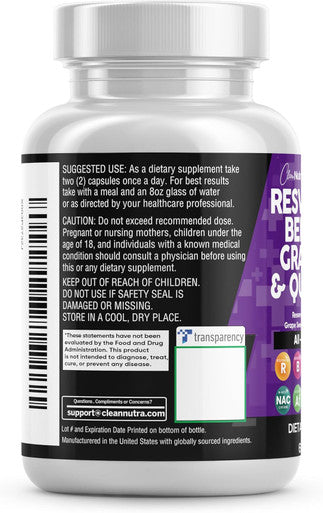 Clean Nutraceuticals Resveratrol Berberine Grape Seed Extract Quercetin Green Tea Extract Polyphenol Supplement For Women & Men W/N-Acetyl Cysteine, Acai Extract - 1Pack